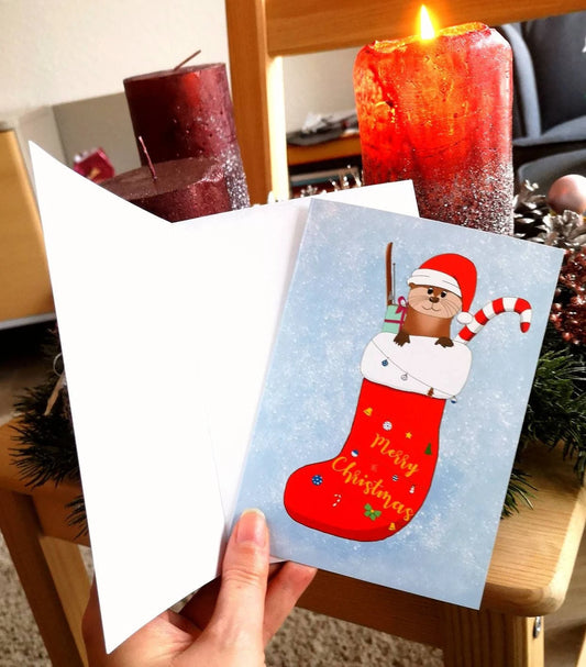 Klappkarte A6 Merry Christmas Weihnachtsotter | Grußkarte Weihnachtskarte | Weihnachtsotter-Motiv I Otter Weihnachten Geschenk Christmas Socke