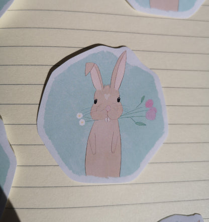 Sticker | gefutterter Blumenstrauß | kleiner Hase | Vinylsticker | Hasi mit Blumenstrauß Reste | für Journaling, Laptops und mehr