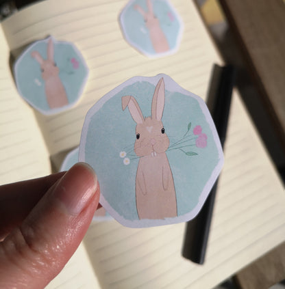 Sticker | gefutterter Blumenstrauß | kleiner Hase | Vinylsticker | Hasi mit Blumenstrauß Reste | für Journaling, Laptops und mehr